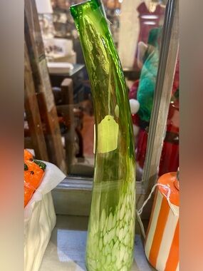 Handblown Tall Curved Green Art Glass Vase